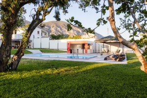 Ιδιωτική πισίνα της Villa Memories πλαισιωμένη από δέντρα και γκαζόν